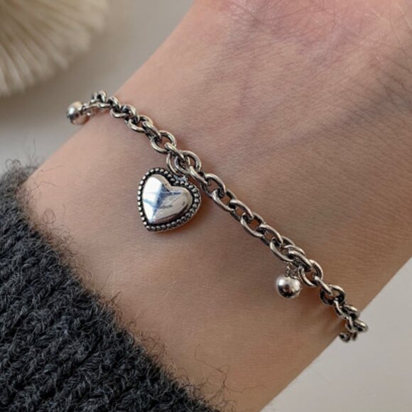 #NEW 925 Sterling Silver Vintage Heart Bead Bracelet - Picture 1 of 11